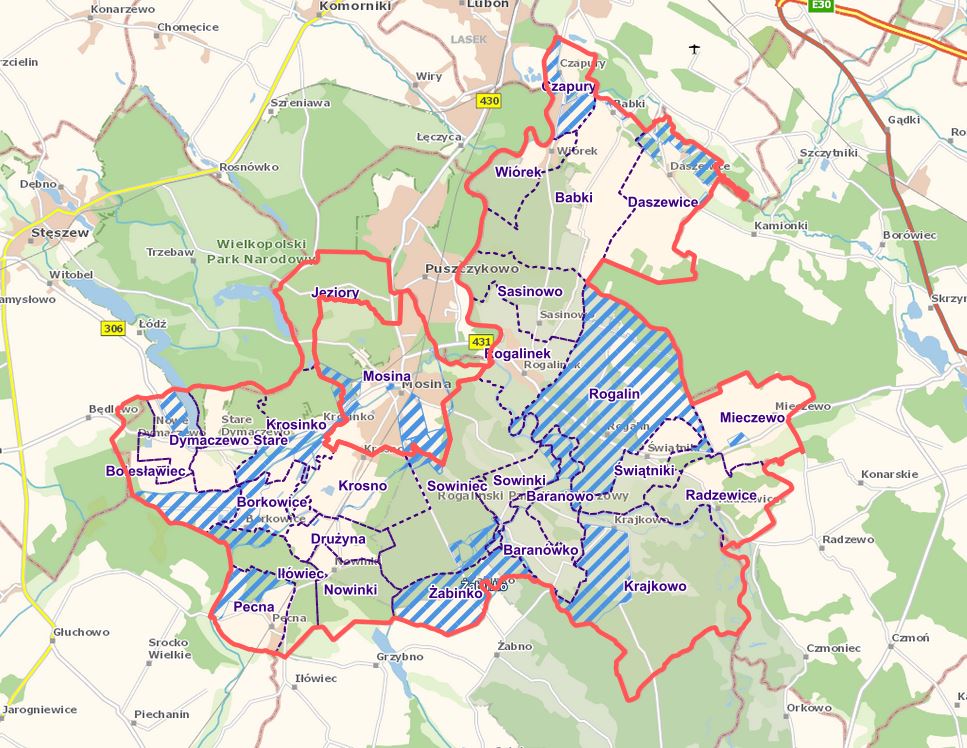 Mapa przedstawiająca obszary, dla których opracowywane są plany miejscowe